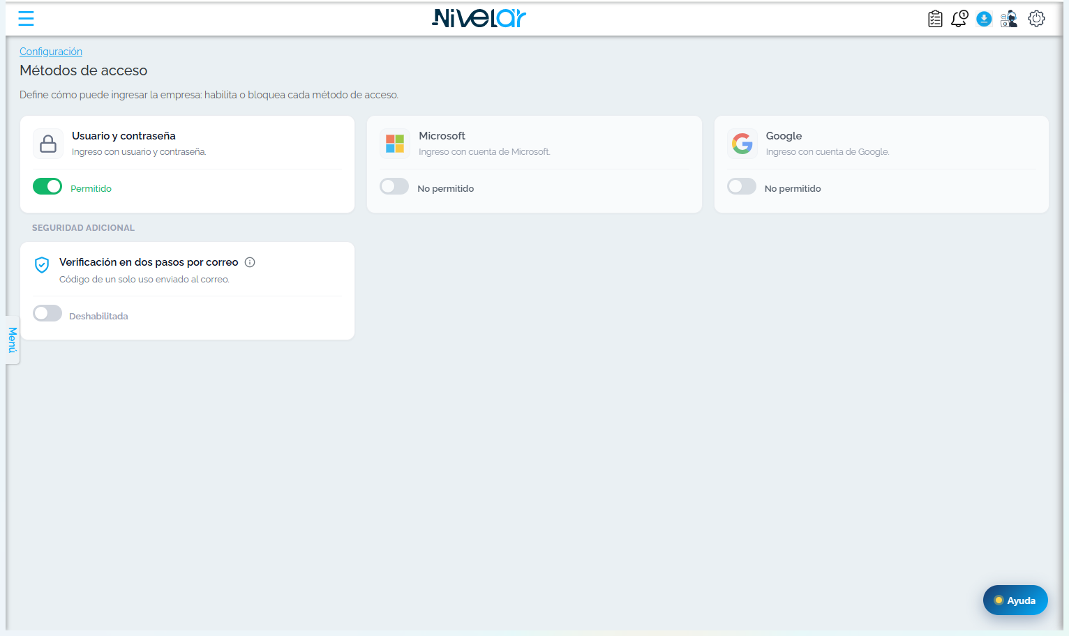 Pantalla Métodos de acceso: interruptores de Usuario y contraseña, Microsoft y Google, y Verificación en dos pasos.