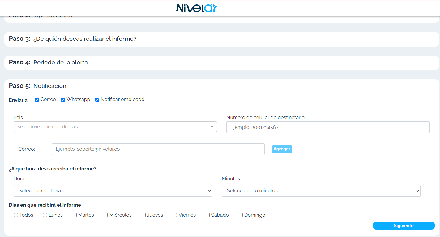 Notificación, destinatarios, hora y días (cuenta demo).