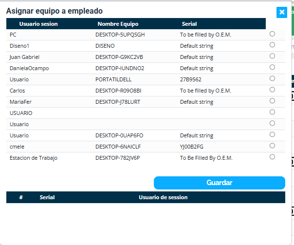 Diálogo Asignar equipo a empleado (cuenta demo).