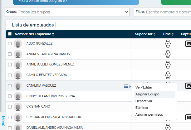 Menú del empleado con la opción Asignar Equipo (cuenta demo).
