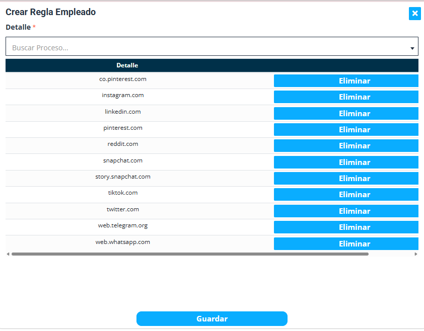 Pantalla Crear Regla Empleado: buscador Buscar Proceso y lista de URLs de la categoría (cuenta demo).