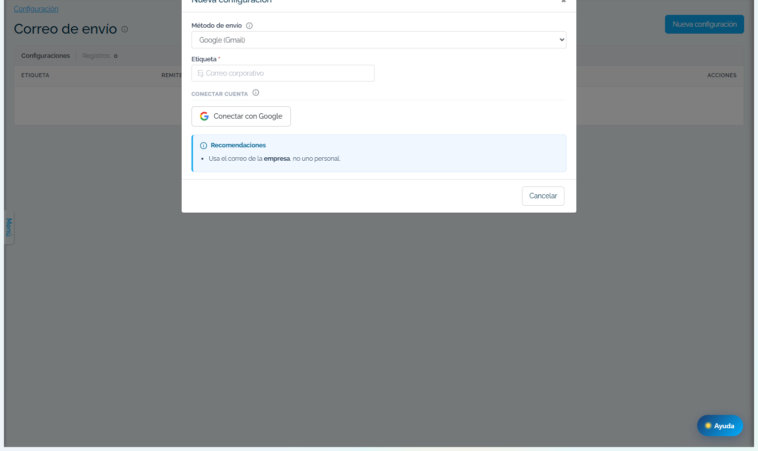 Método Google (Gmail) con el botón Conectar con Google.
