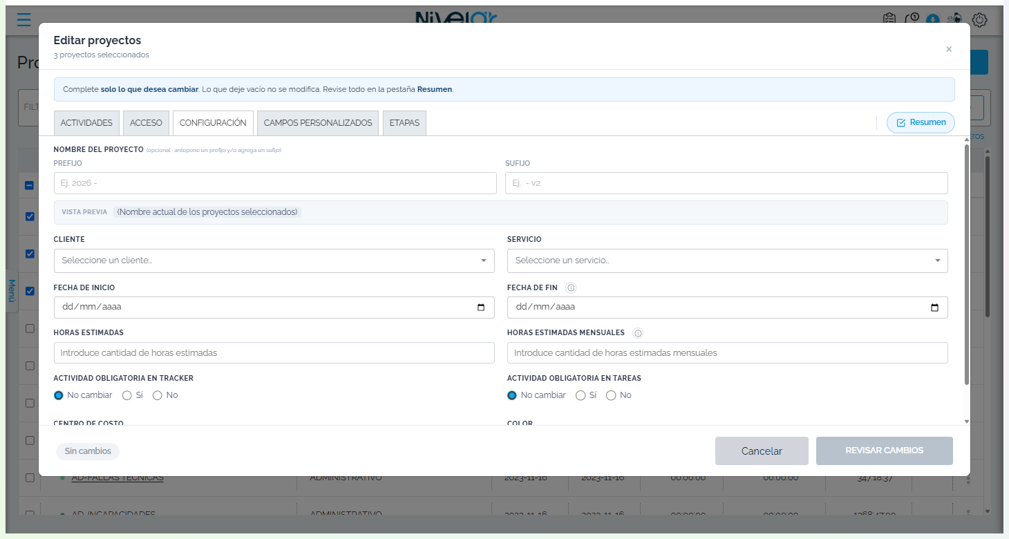 Pestaña Configuración de la edición masiva (cuenta demo).