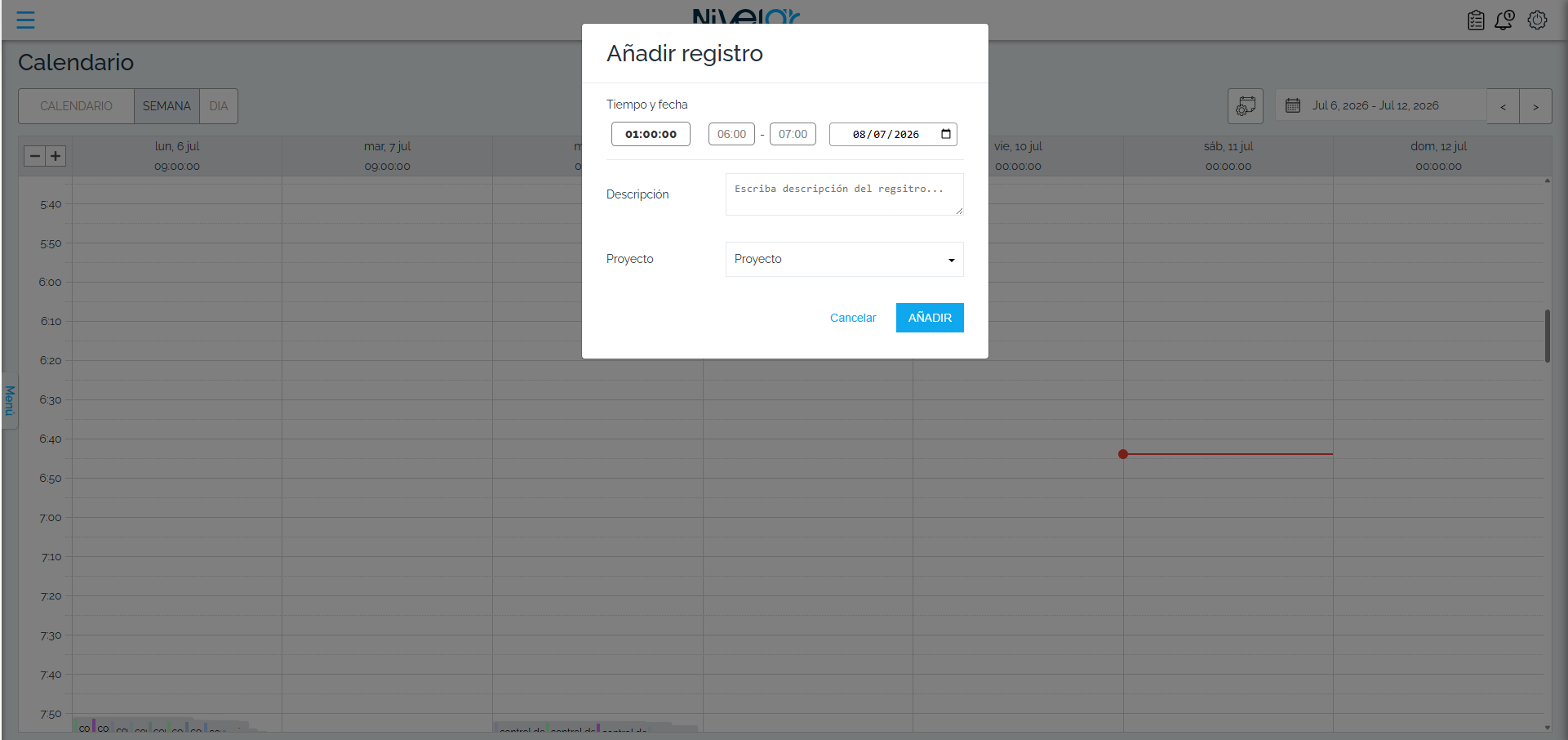Ventana Añadir registro desde el calendario (cuenta demo).