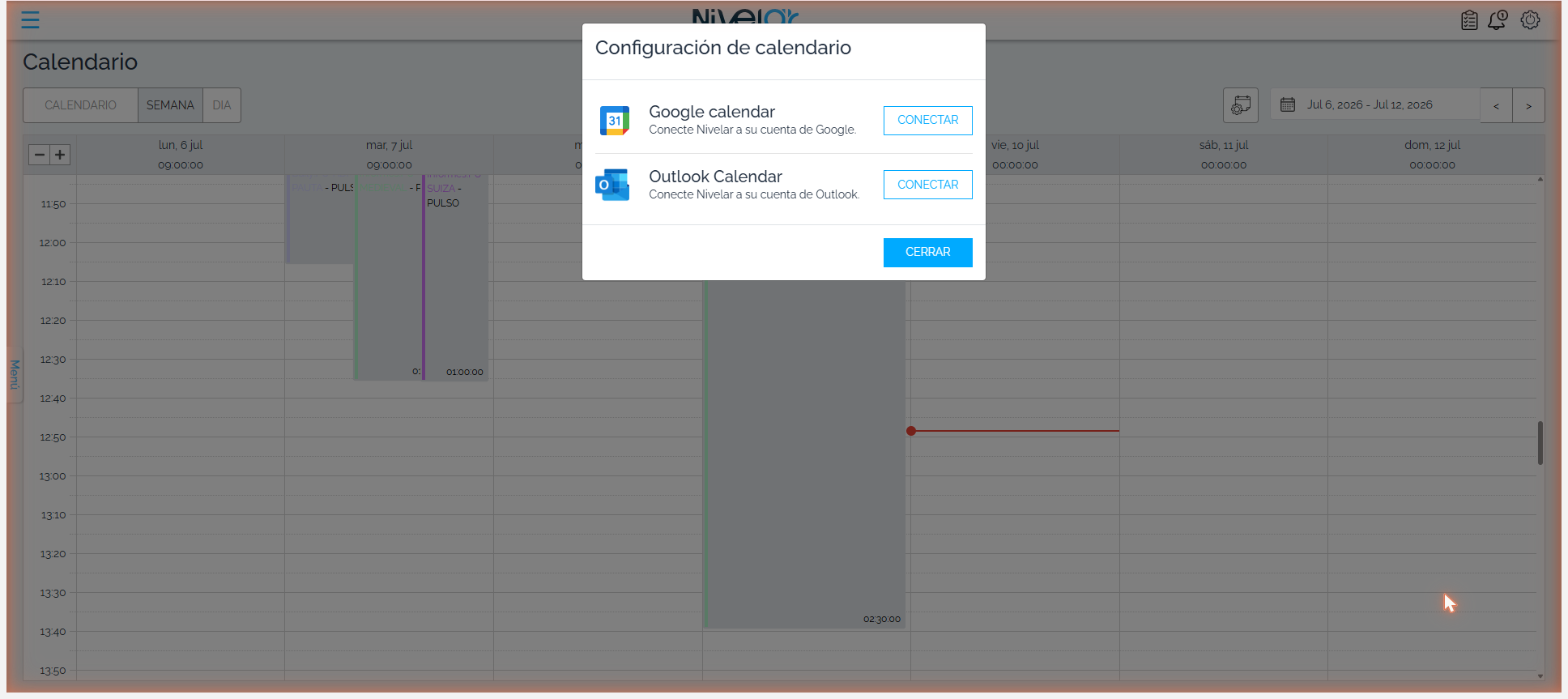 Ventana Configuración de calendario con Google y Outlook (cuenta demo).