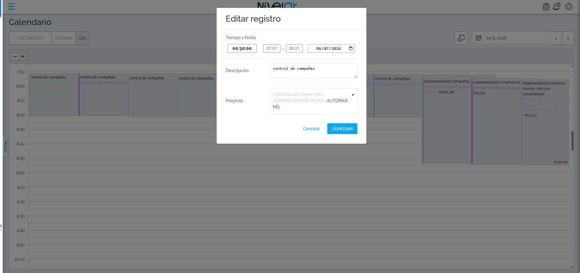 Ventana Editar registro desde el calendario (cuenta demo).