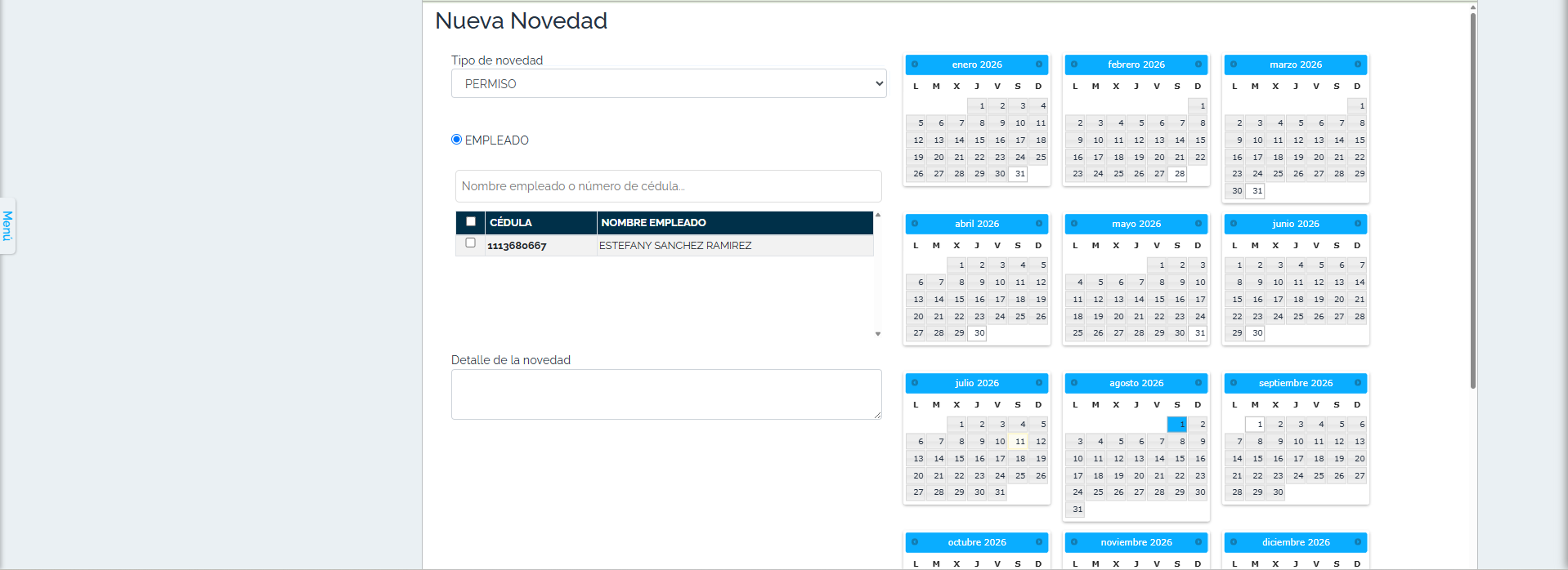 Formulario Nueva Novedad para solicitar un permiso (cuenta demo).