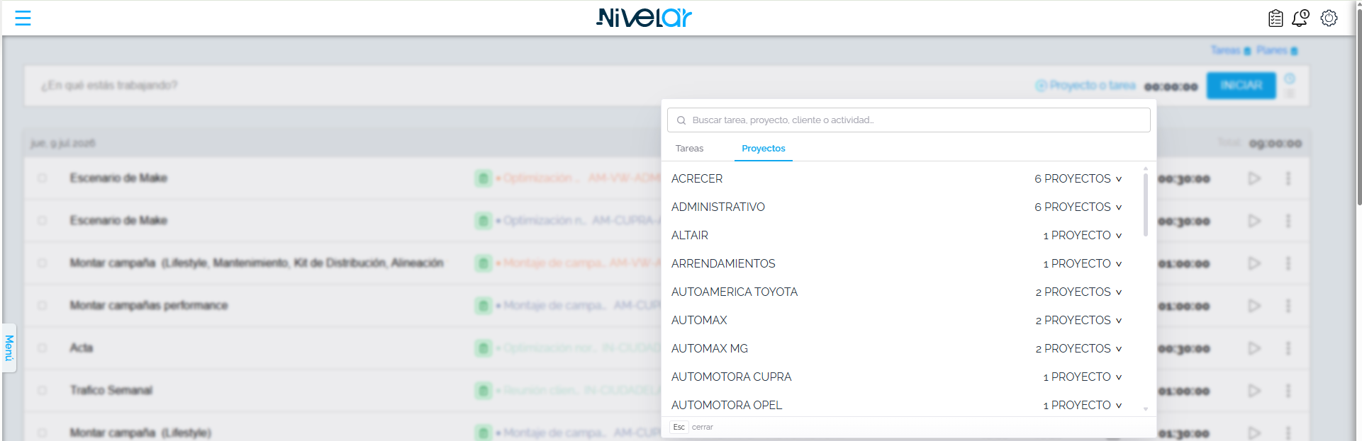 Selector de proyecto o tarea del tracker (cuenta demo).