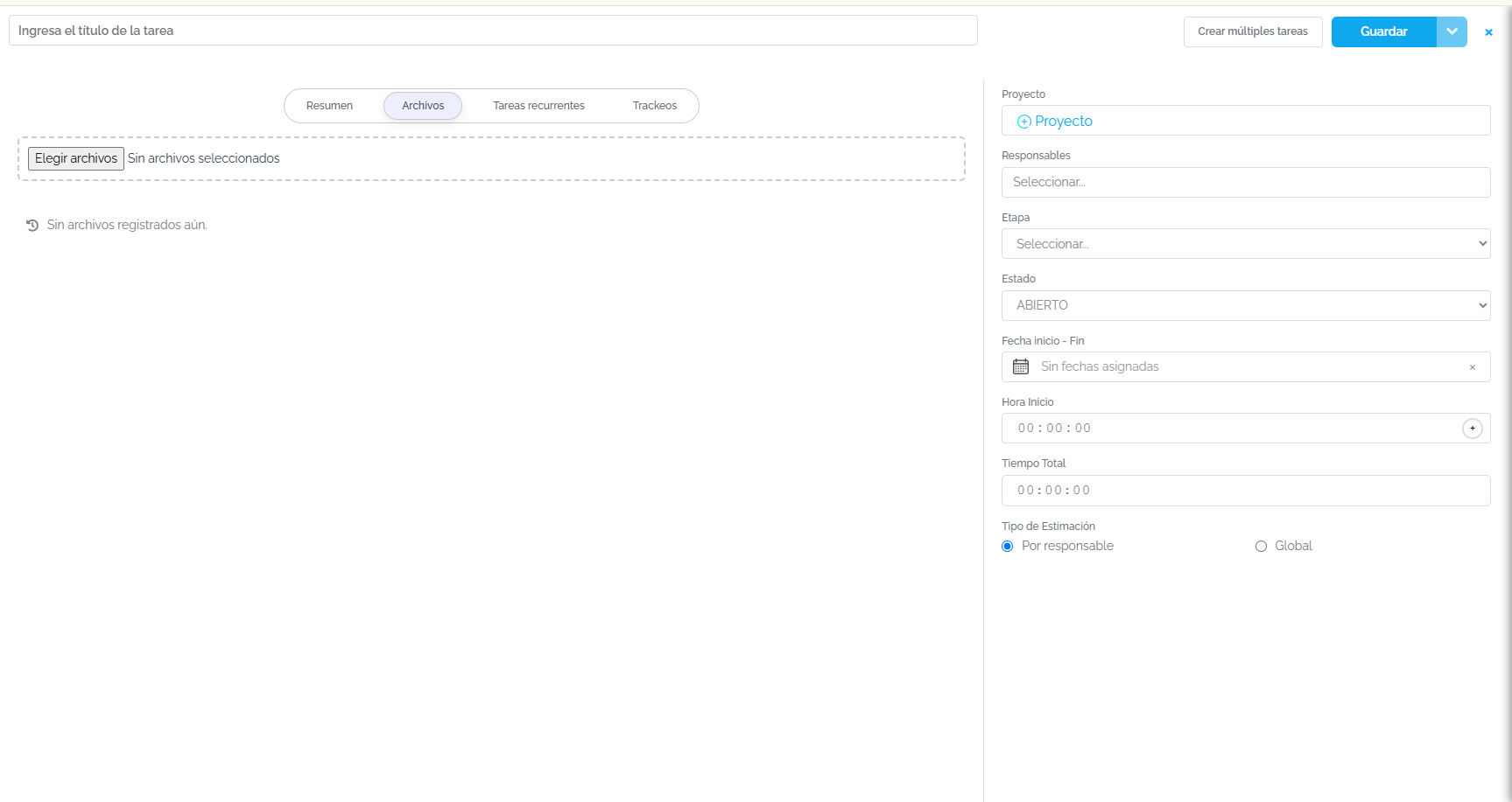 Pestaña Archivos de una tarea (cuenta demo).