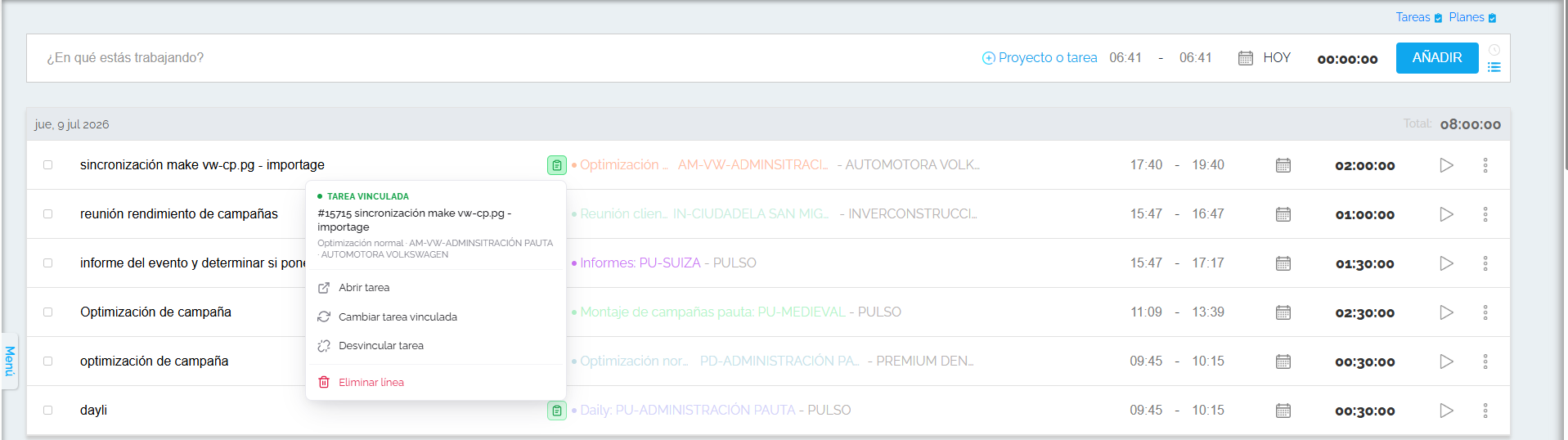 Opciones de un trackeo vinculado a una tarea (cuenta demo).