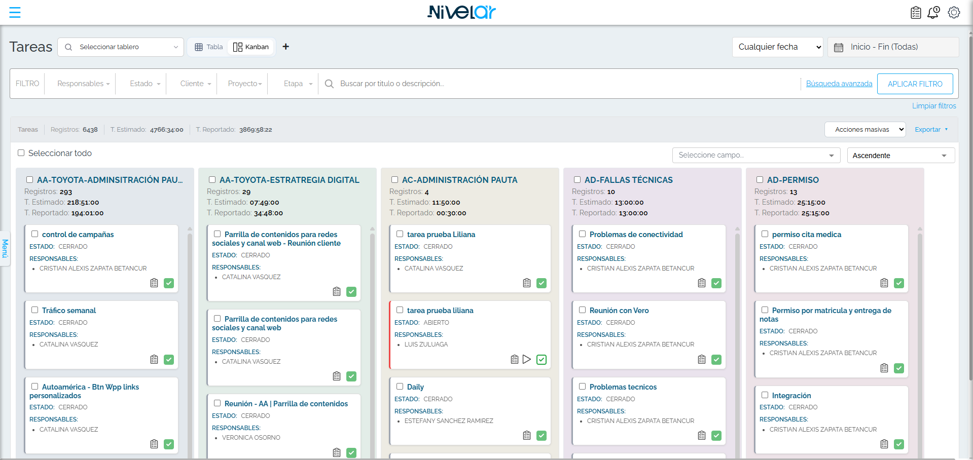 Tablero de tareas en vista Kanban (cuenta demo).