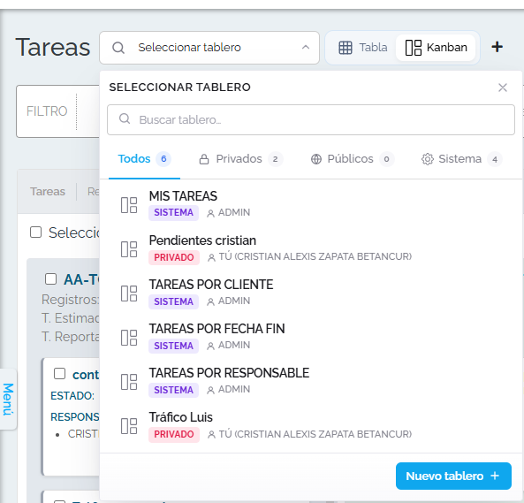Selector de tableros guardados (cuenta demo).