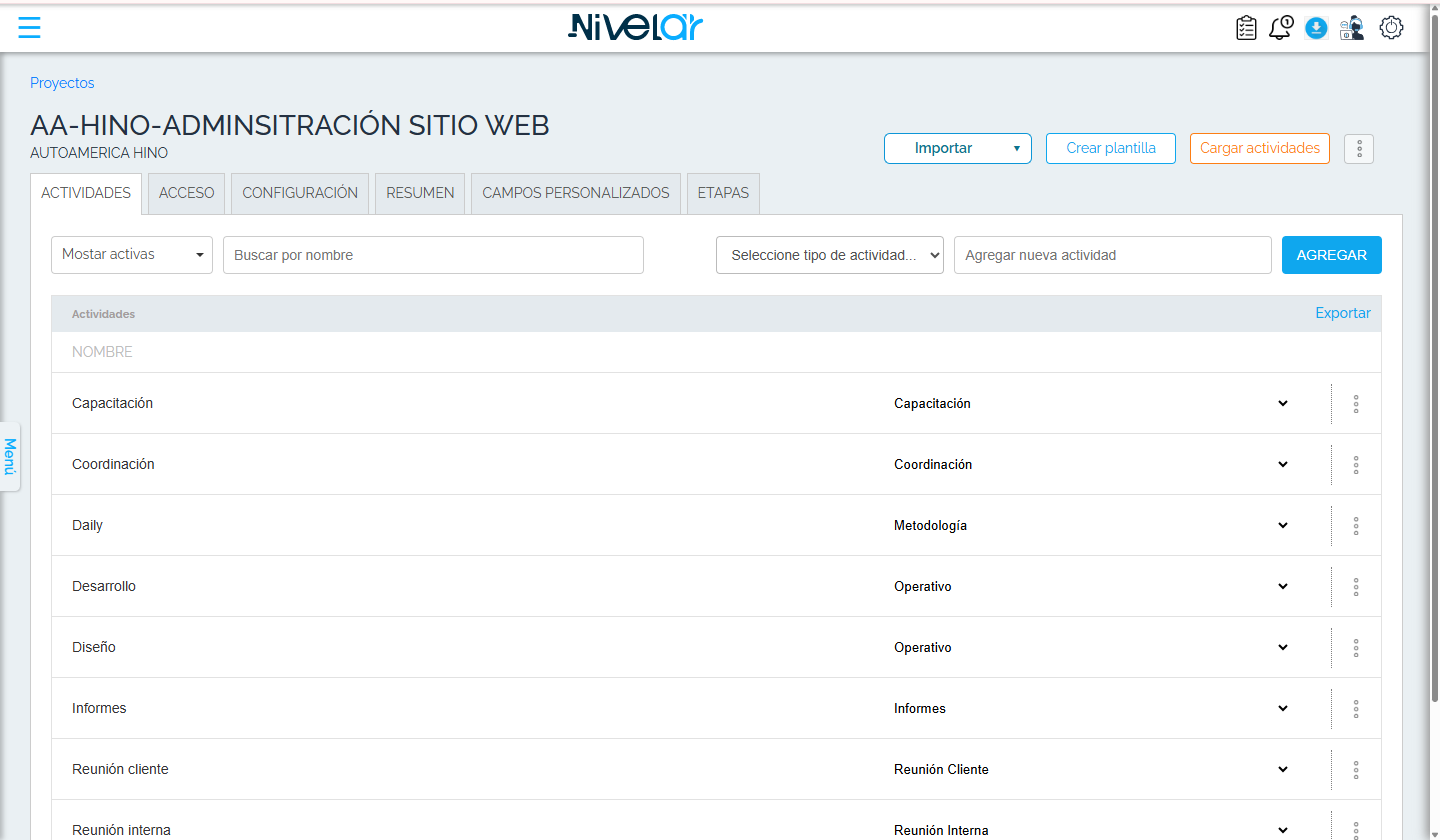 Detalle del proyecto — pestaña Actividades (cuenta demo).