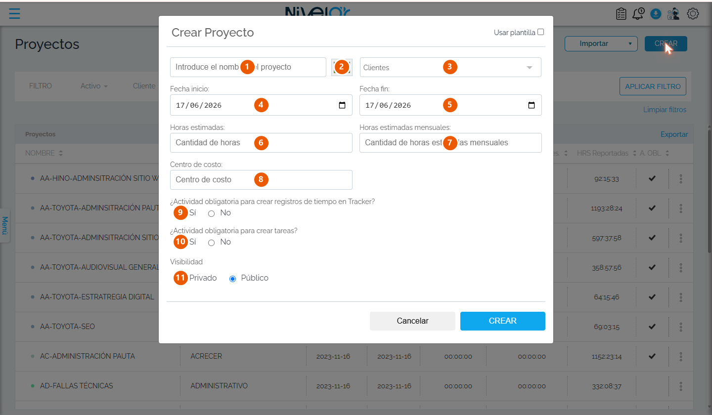 Formulario Crear Proyecto (cuenta demo).