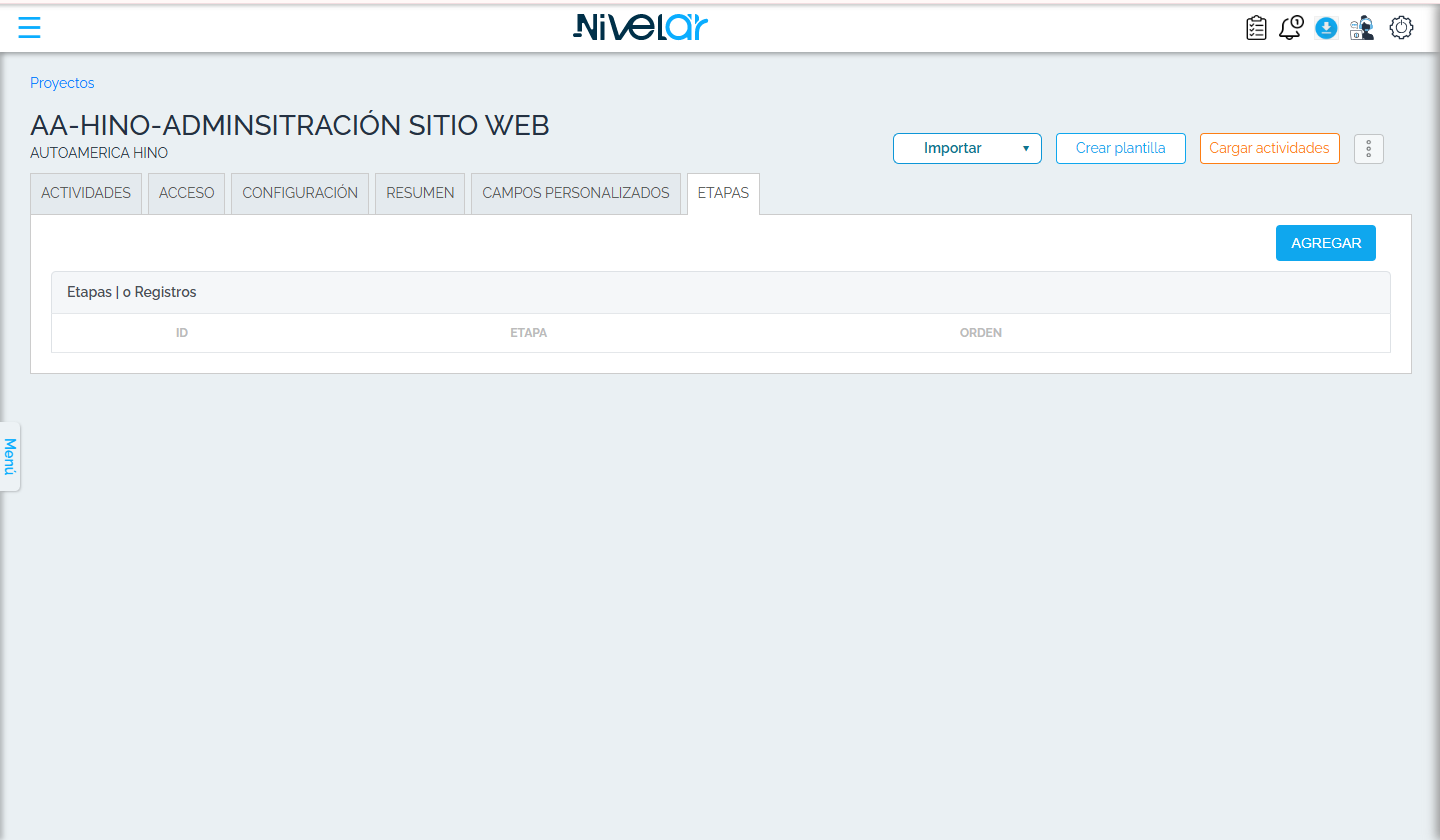 Detalle del proyecto — pestaña Etapas (cuenta demo).
