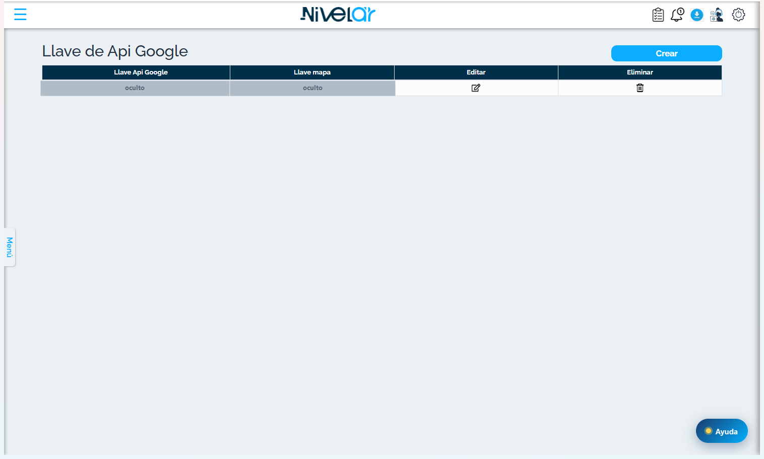 Pantalla Llave de Api Google (llaves ocultas).