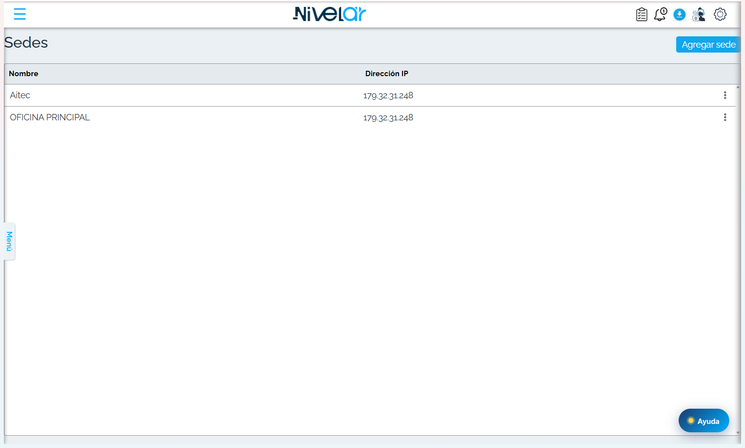 Pantalla de Sedes en Nivelar.
