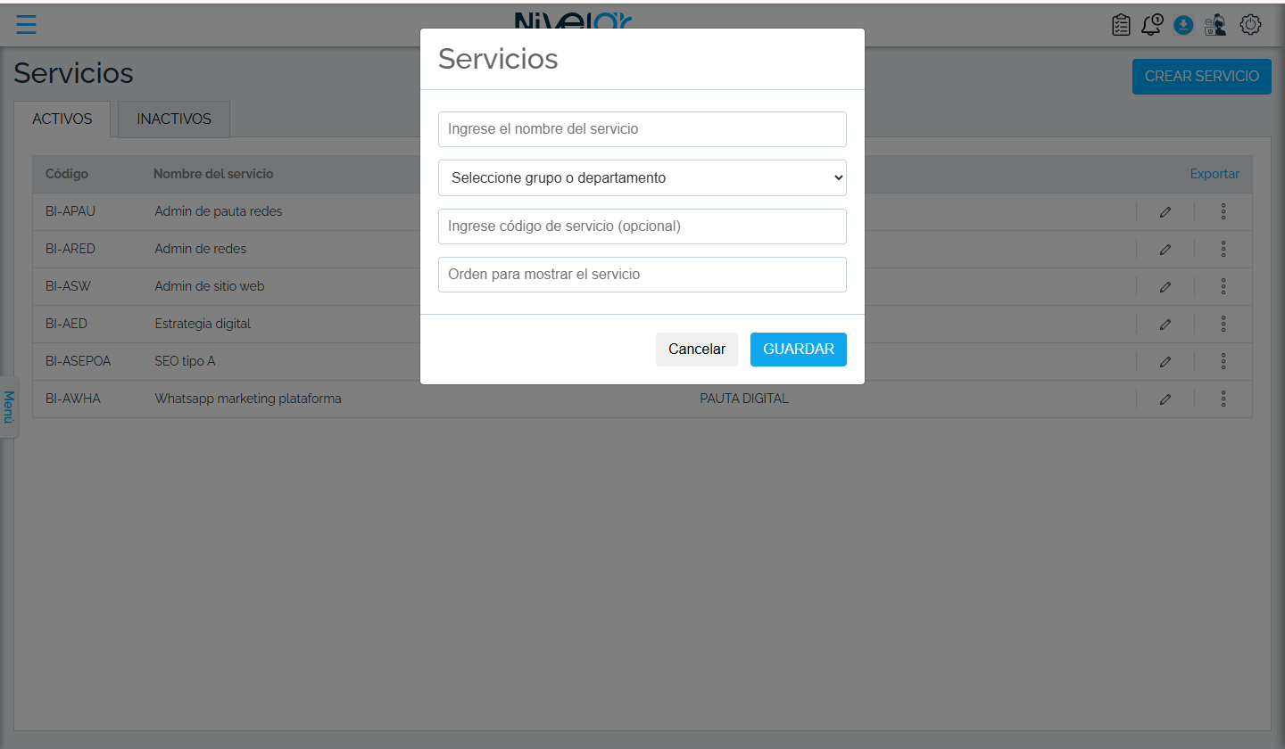 Formulario Crear Servicio (cuenta demo).