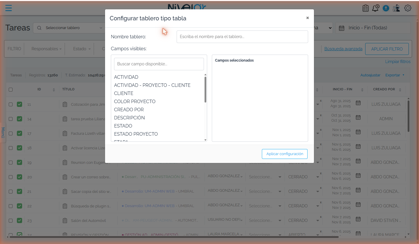 Configurar tablero — columnas visibles y guardar la vista (cuenta demo).