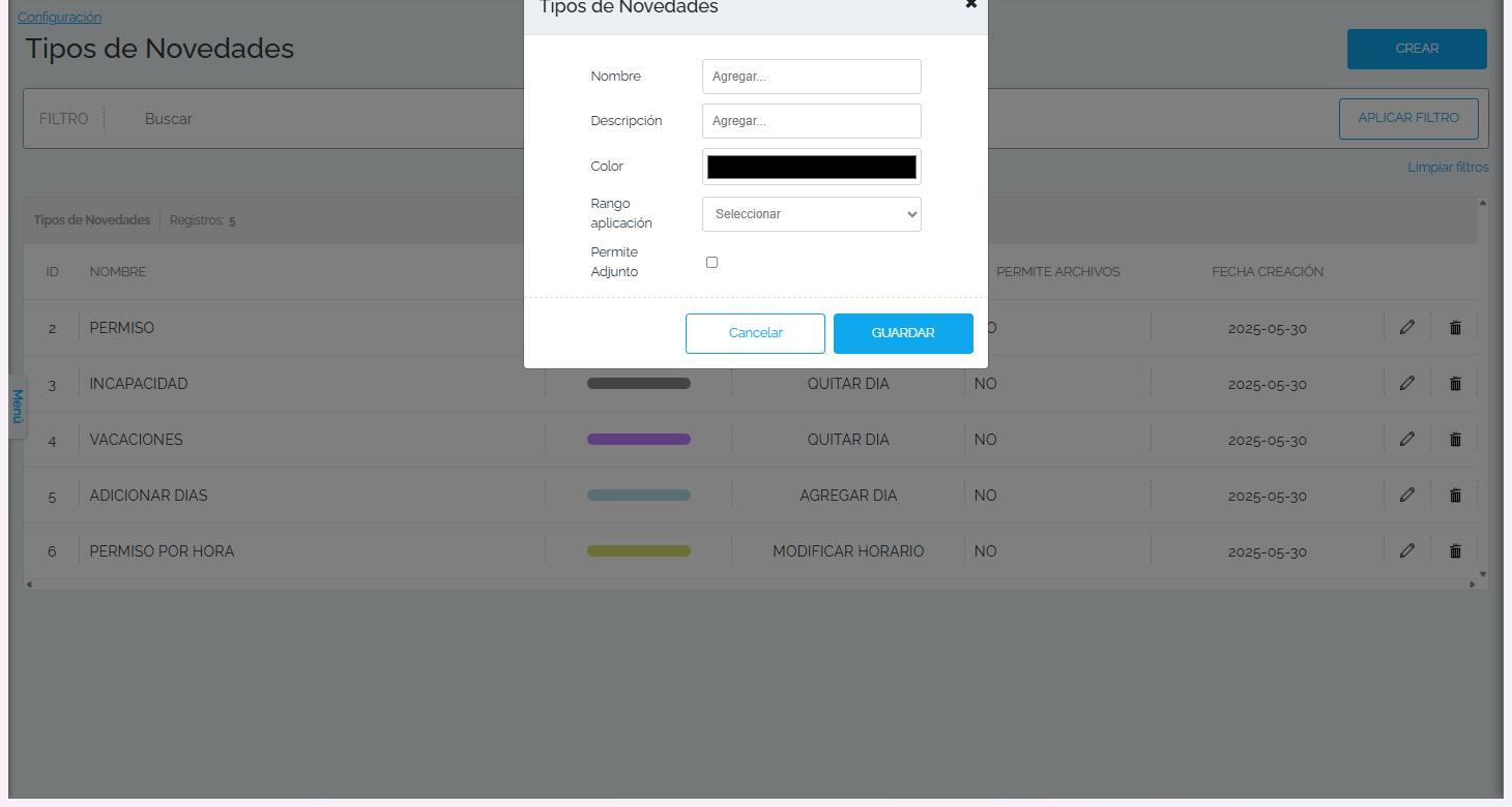 Crear un tipo de novedad (cuenta demo).